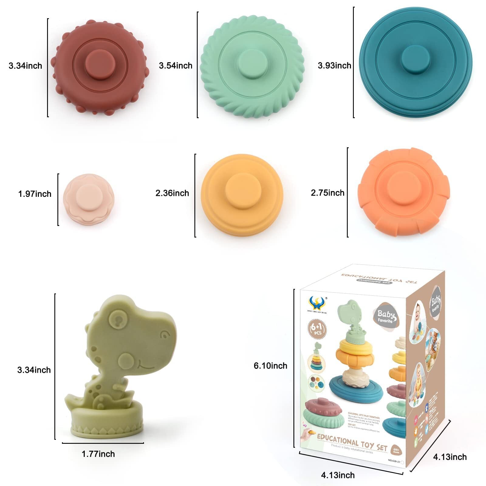 7Pcs Dinosaur Baby Stacking Toys， Nesting Circle Toy Soft Building Rings Stacker and Teethers Squeeze Play with Early Educational Toy for 6 9 12 15 18 Months Baby Toddler Boys Girls