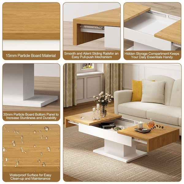 Wood Coffee Table for Living Room Sliding Top with Hidden Storage，Rectangle Modern Cocktail Table， Pull Out Center Table