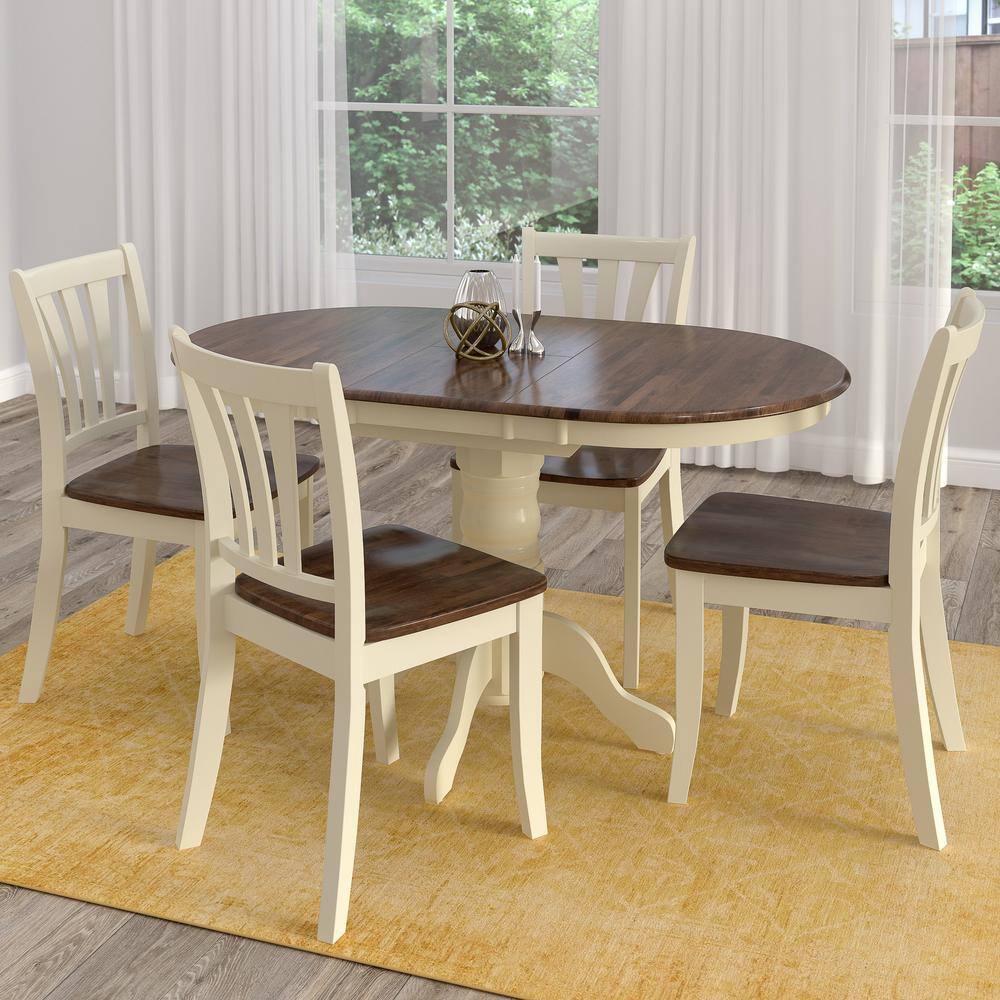 CORLIVING Dillon 5-Piece Extendable Dark Brown and Cream Solid Wood Dining Set DSH-470-Z2