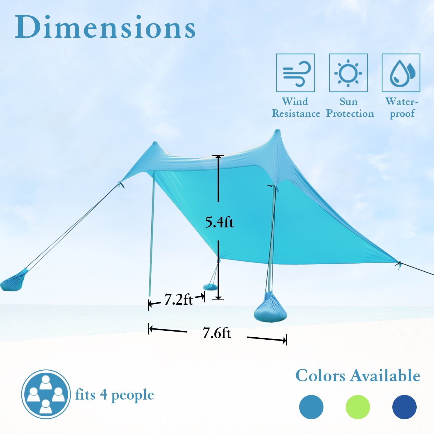 Alpha Camp Sunshade Beach Tent Sun Shelter UPF 50+ Portable Canopy Tent 7.6‘x7.2’ for 3-4 Person， Blue