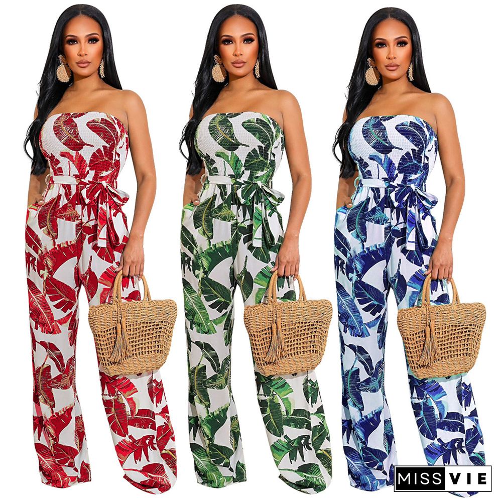 Strapless Lace Up Loose Stretch Wide Leg Jumpsuit