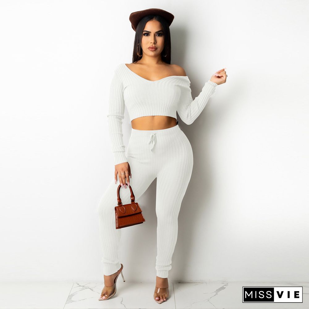 Solid V Neck Crop Top Lace Up Pants Set