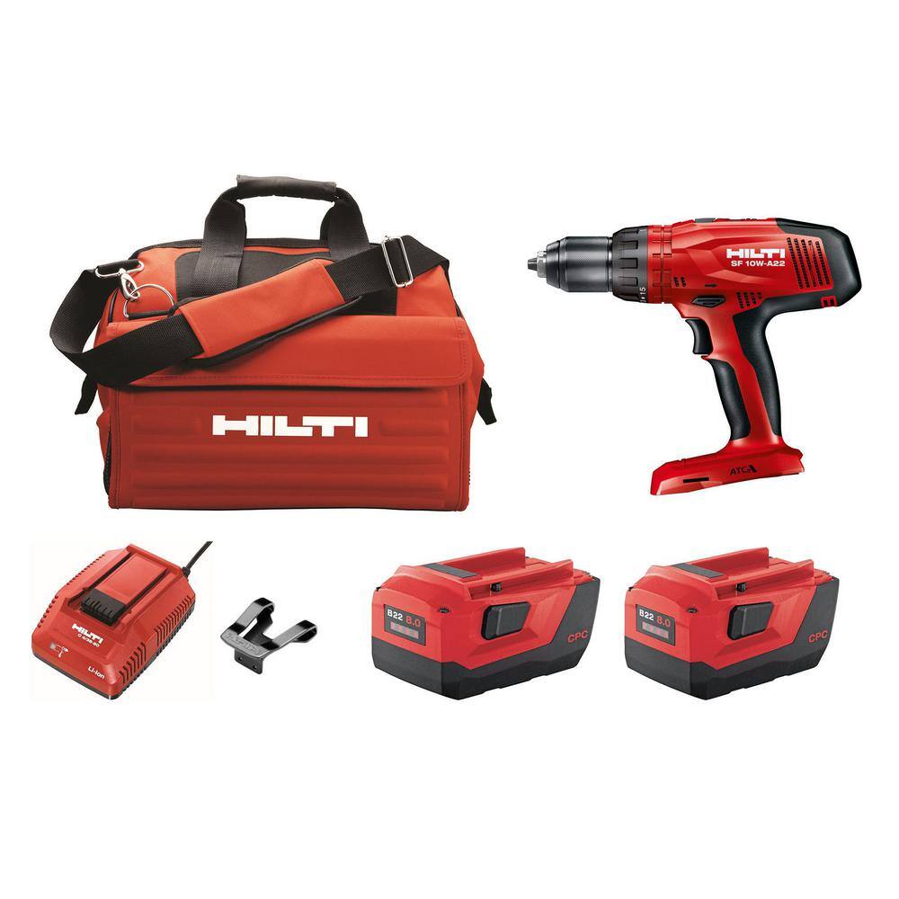 Hilti 22-Volt Lithium-Ion SF 10W-A Cordless 12 in. Drill Driver Kit with (2) 8.0 ah Batteries Charger and Bag 3628987