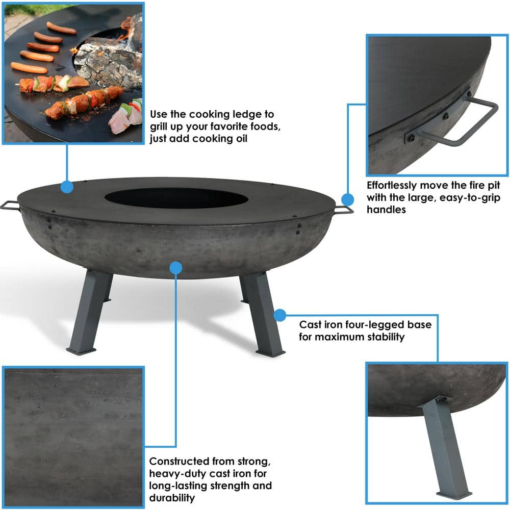 Sunnydaze Decor 45 in. x 17 in. Round Cast Iron Wood Burning Fire Pit with Cooking Ledge RCM-LG803