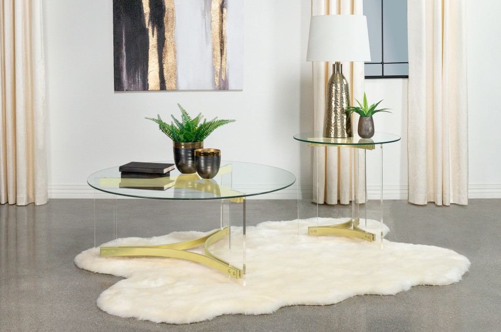 Janessa Round Glass Top Coffee Table With Acrylic Legs Clear and Matte Brass   Modern   Coffee Tables   by Modon  Houzz