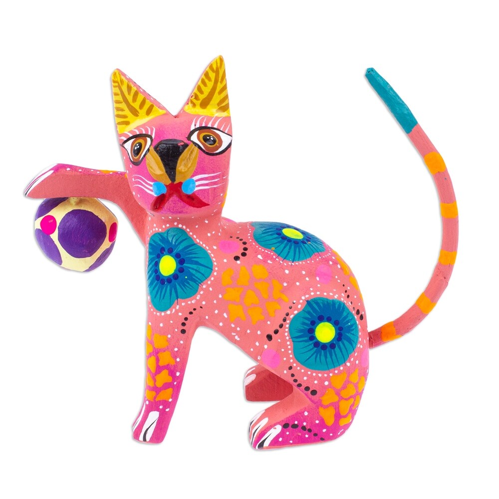 Novica Handmade Cute Cat With Ball Wood Alebrije Figurine