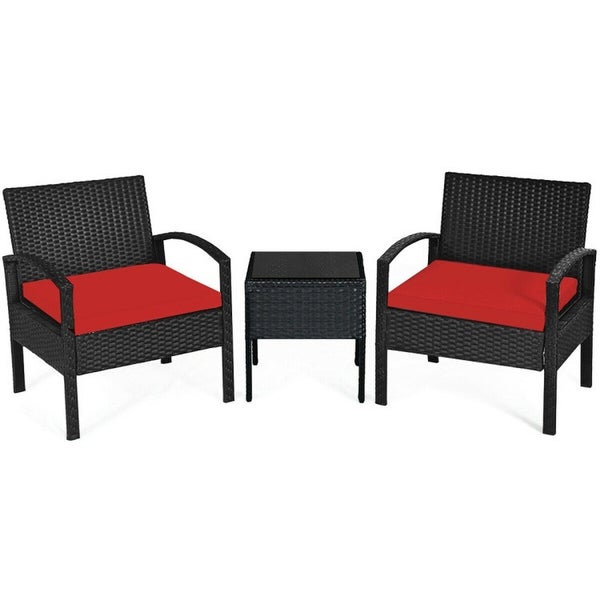 3 Pieces Outdoor Rattan Patio Conversation Set with Seat Cushions -  - 37563811