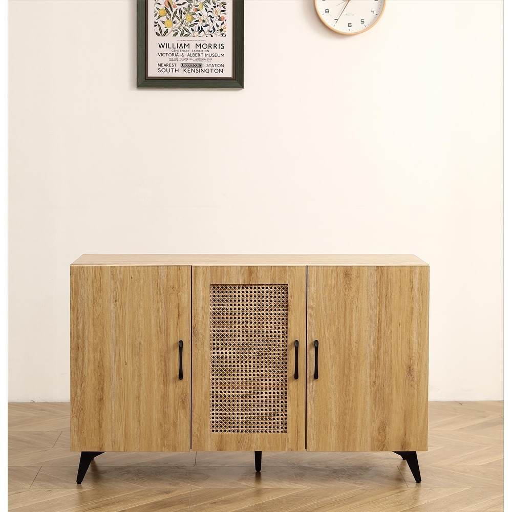 3 Door Cabinet with Rattan Mesh for Living Room  Oak