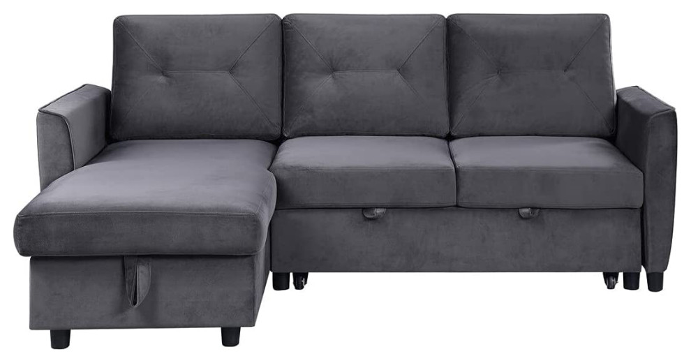 Sectional Sleeper Sofa  Grey Velvet Seat With Slightly Tufted Back Cushions   Transitional   Sleeper Sofas   by Decor Love  Houzz