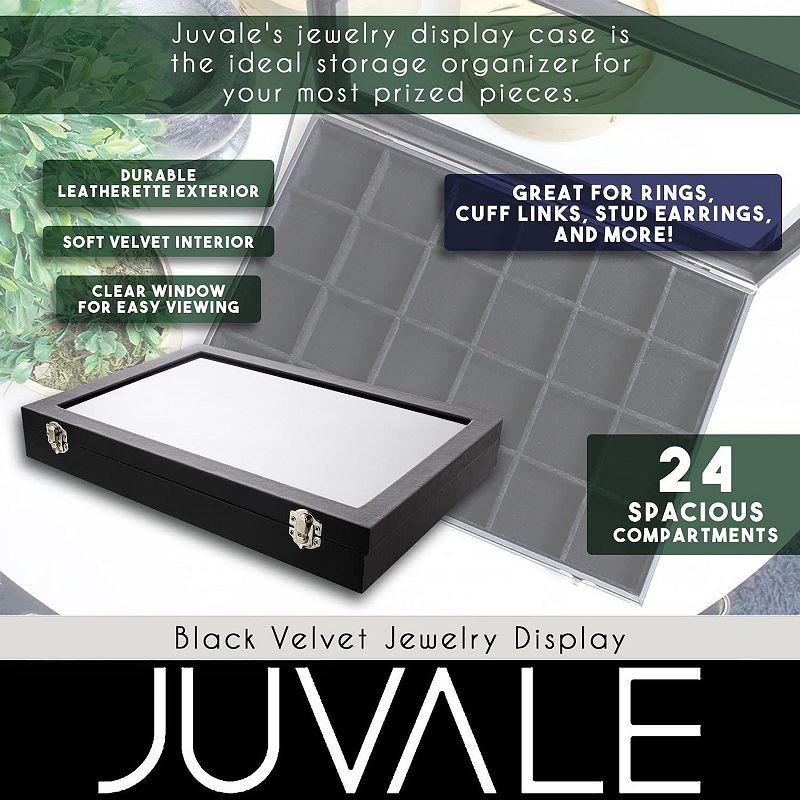 Black Jewelry Display Tray with Velvet Lining for Gemstones， Rocks (24 Slots， 14 x 9.5 x 2 In)