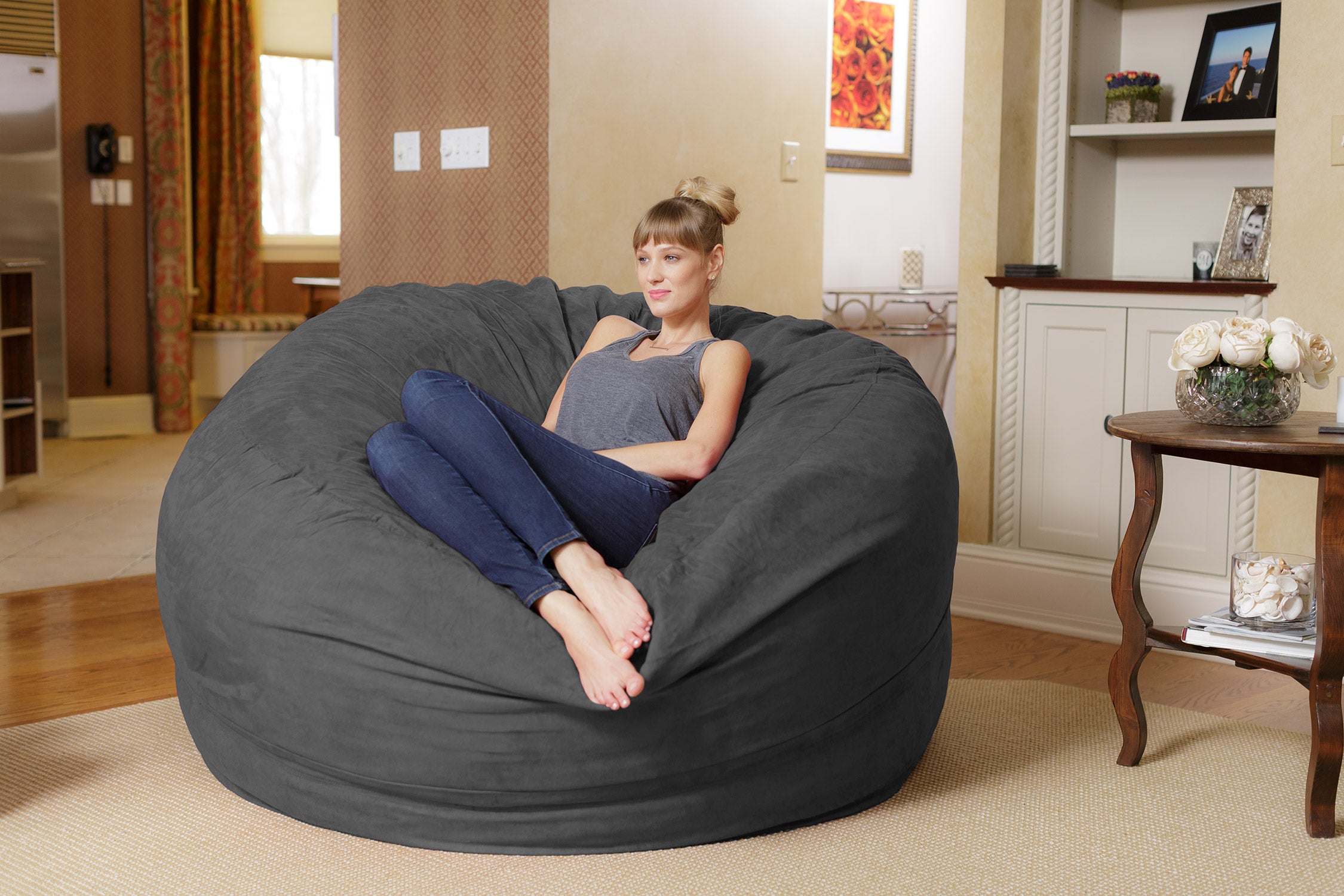 Chill Sack Bean Bag Chair, Memory Foam with Microsuede Cover, Kids, Adults, 6 ft, Charcoal