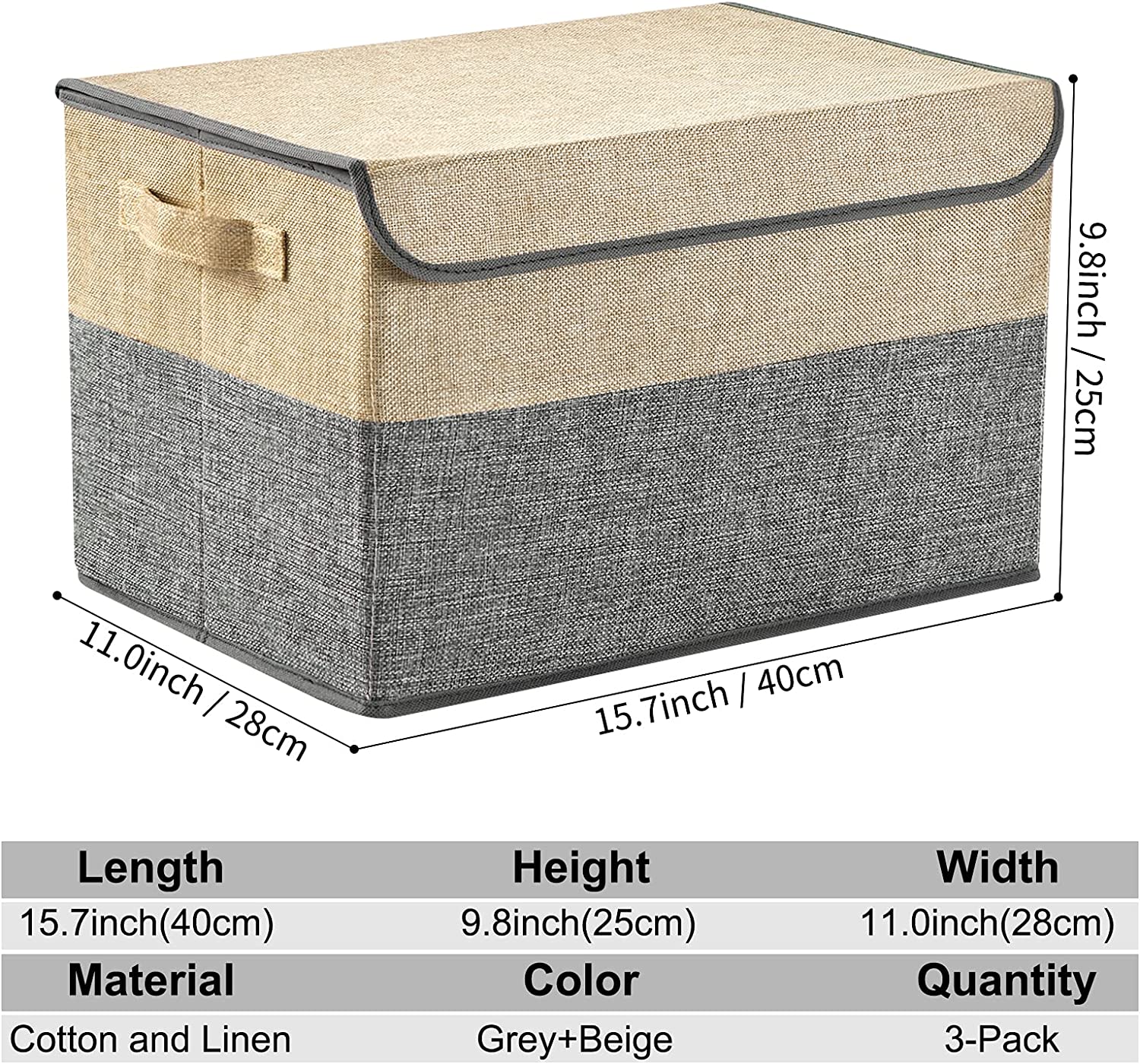 E-MANIS Storage Bins with Lids set of 3 Foldable Storage Boxes with Lids  for Toys,Clothes and Books (Grey and Beige)