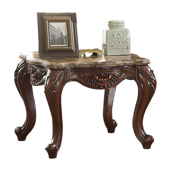 Marble Top End Table with Wood Legs in Cherry Oak