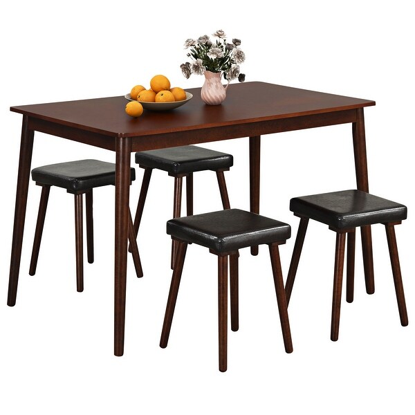 Gymax 5PCS Dining Table Set for 4 w/ 4 Upholstered Stools Rubber Wood