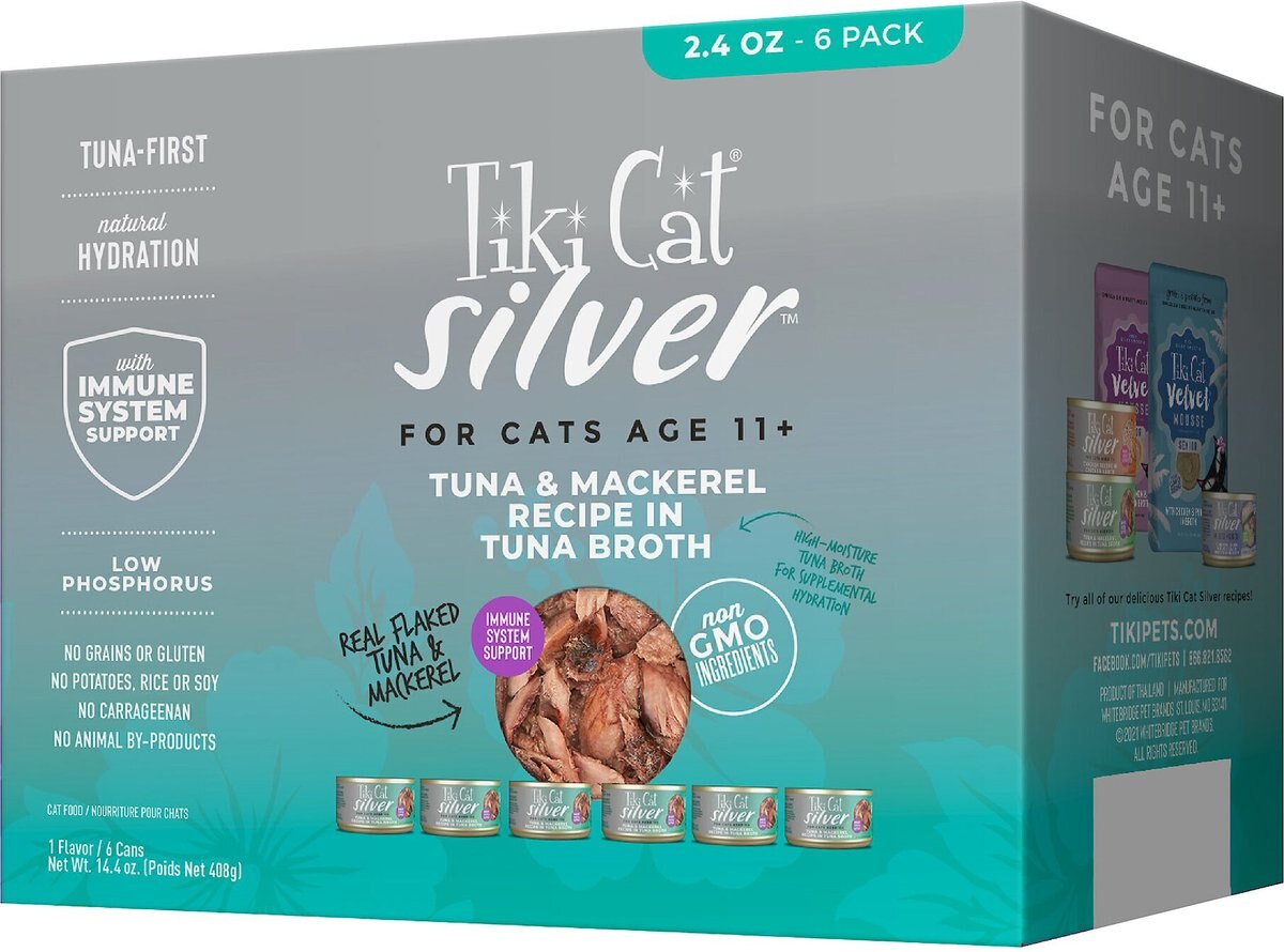 Tiki Cat Silver Tuna and Mackerel Recipe in Tuna Broth Senior Wet Cat Food， 2.4-oz can， case of 6