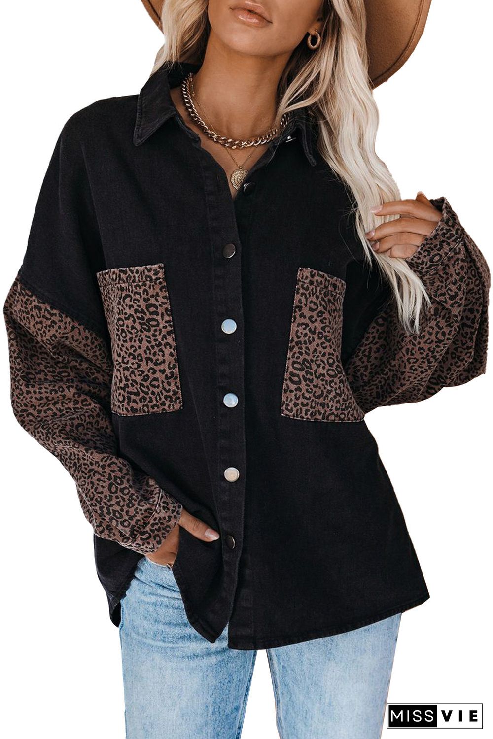 Black Contrast Leopard Denim Jacket