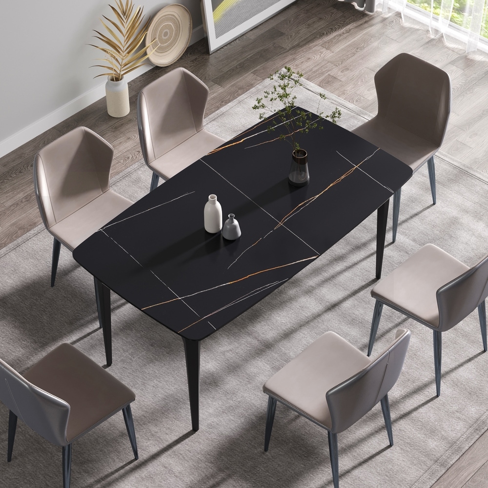 63 Inch Black Artificial Stone and Metal Leg Dining Table for 6 People