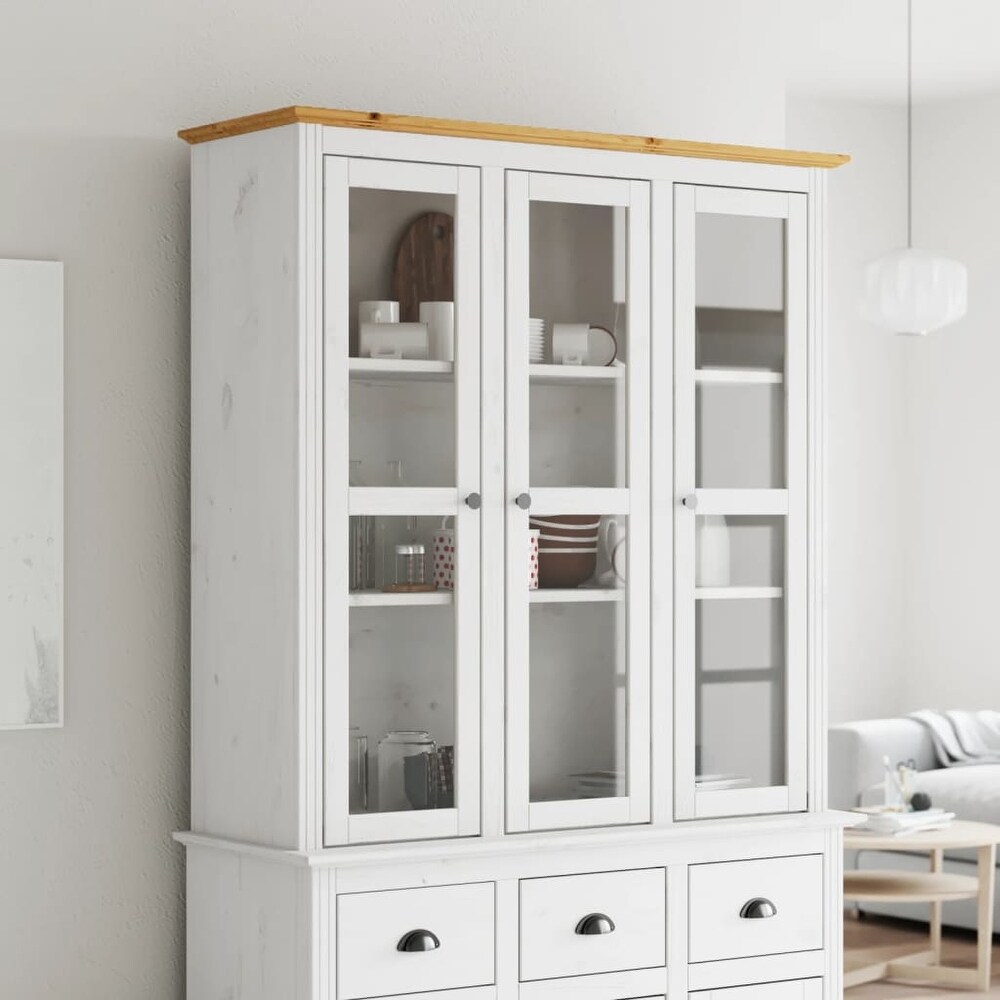 vidaXL Cabinet with Glass Doors BODO White Solid Wood Pine   45.5\