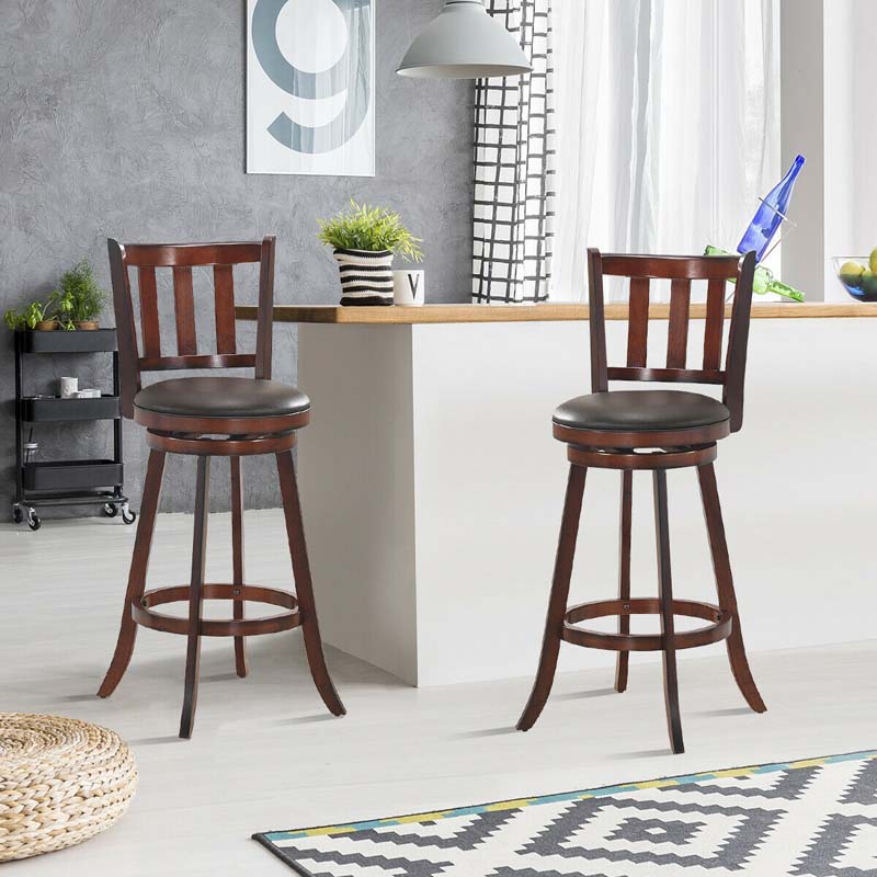 2-Pack Wood Swivel Bar Stools Counter Height Kitchen Dining Chairs Pub Stools with Soft Leather Seat