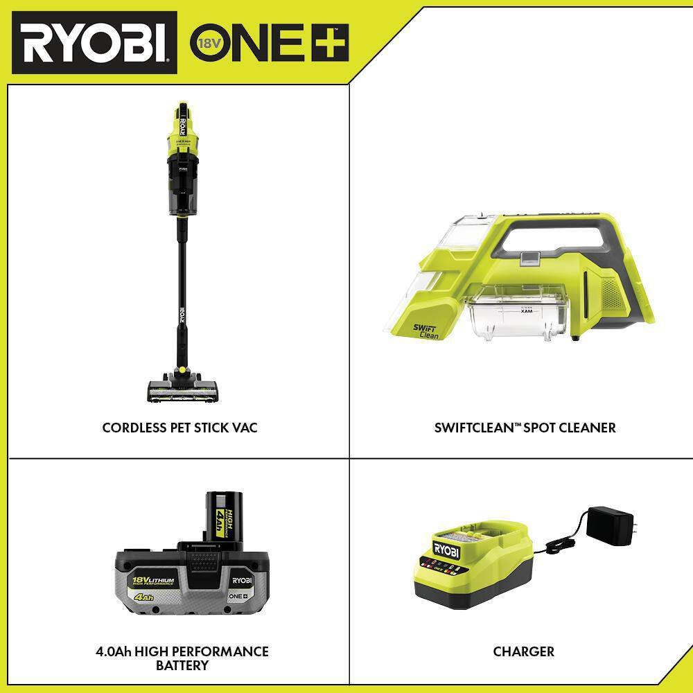 RYOBI ONE+ HP 18V Brushless Cordless Pet Stick Vacuum Cleaner Kit w Battery Charger  ONE+ Cordless SWIFTClean Spot Cleaner PBLSV716K-PCL756B