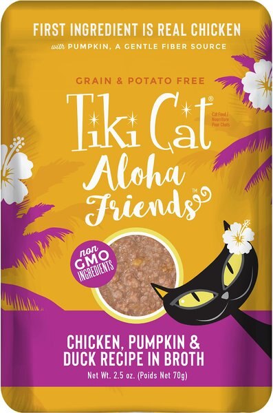 Tiki Cat Aloha Friends Chicken， Pumpkin and Duck Recipe in Broth Grain-Free Wet Cat Food， 2.5-oz， case of 12