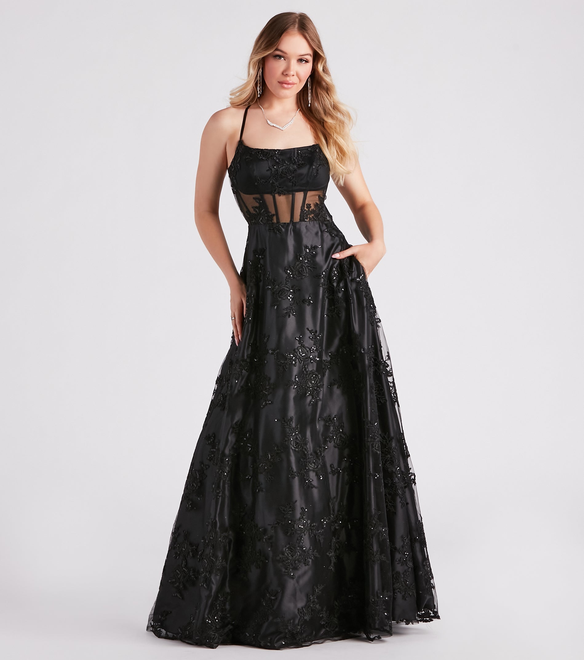 Monica Sequin Embroidered Lace Ball Gown