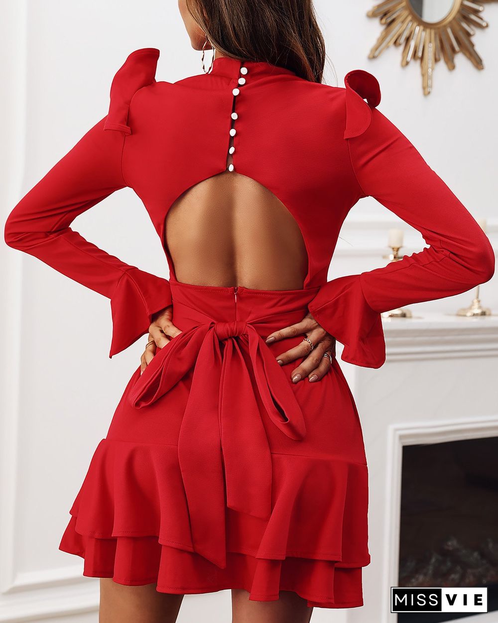 Solid Backless Ruffle Long Sleeve Dress P14905