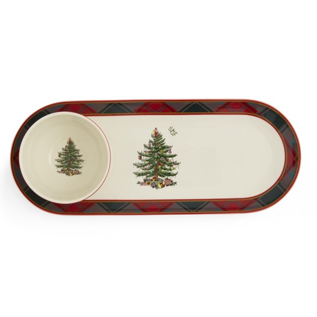 Spode Christmas Tree Tartan 2 Piece Chip And Dip Platter 13 X 5 Inch dip Bowl 3 75 Inch