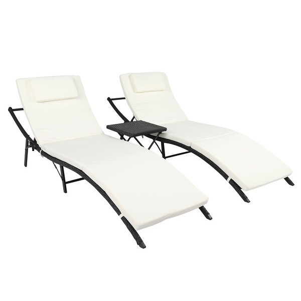 3-Piece Patio Black Rattan Chaise Lounge Set with Cushions