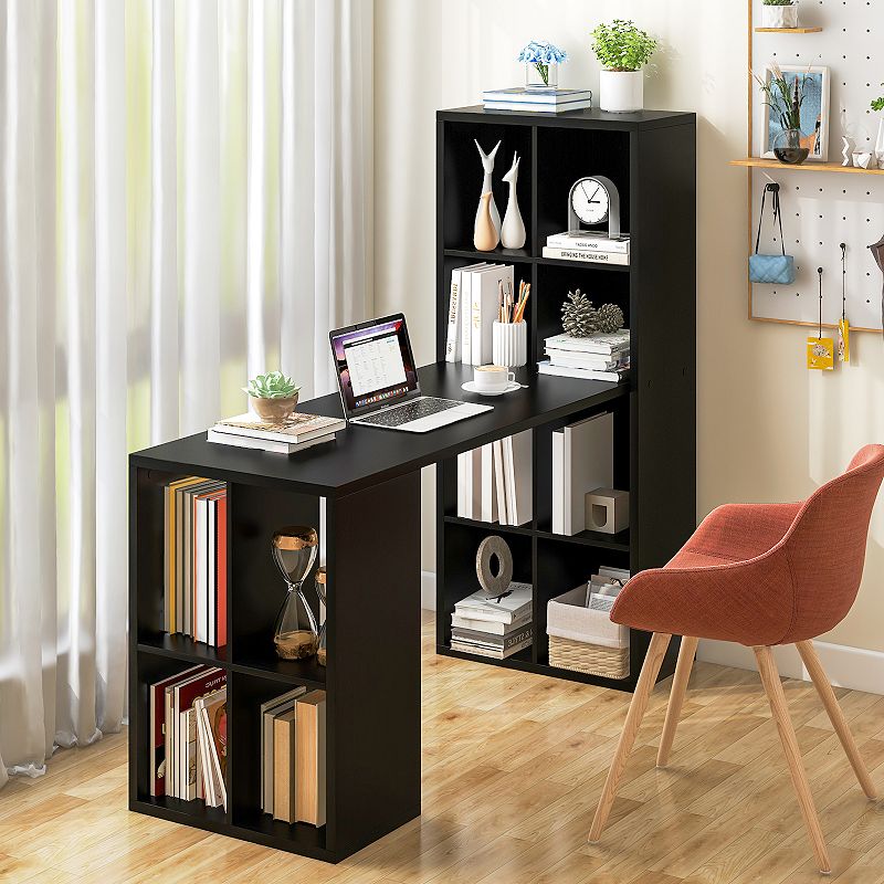 Modern Computer Desk With 12 Cubes Bookshelf-Black