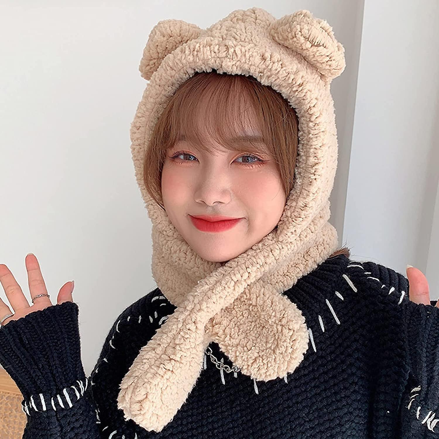 Winter Hats Bear Cap And Scarf 2 In 1 Cute Cartoon Thick Hat Protectors Warm Plush Hat Cap Women Girl Hat Khaki One Size