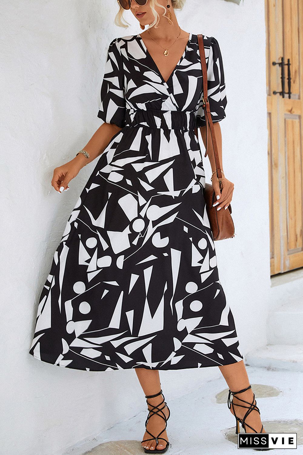 Wrap V Neck Geometric Print Bubble Sleeves Maxi Dress