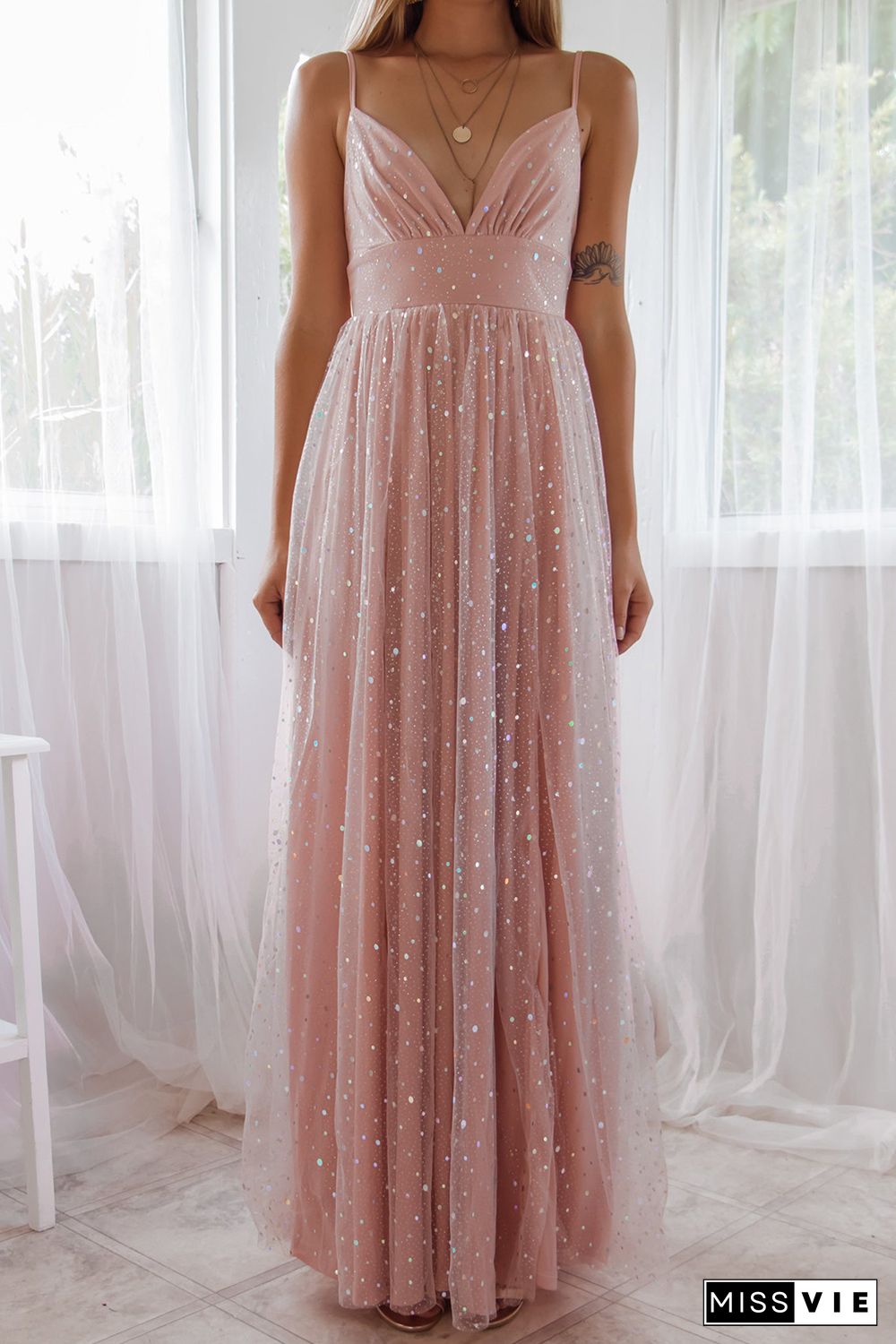 Pink Spaghetti Straps Backless Sequin Tulle Gown