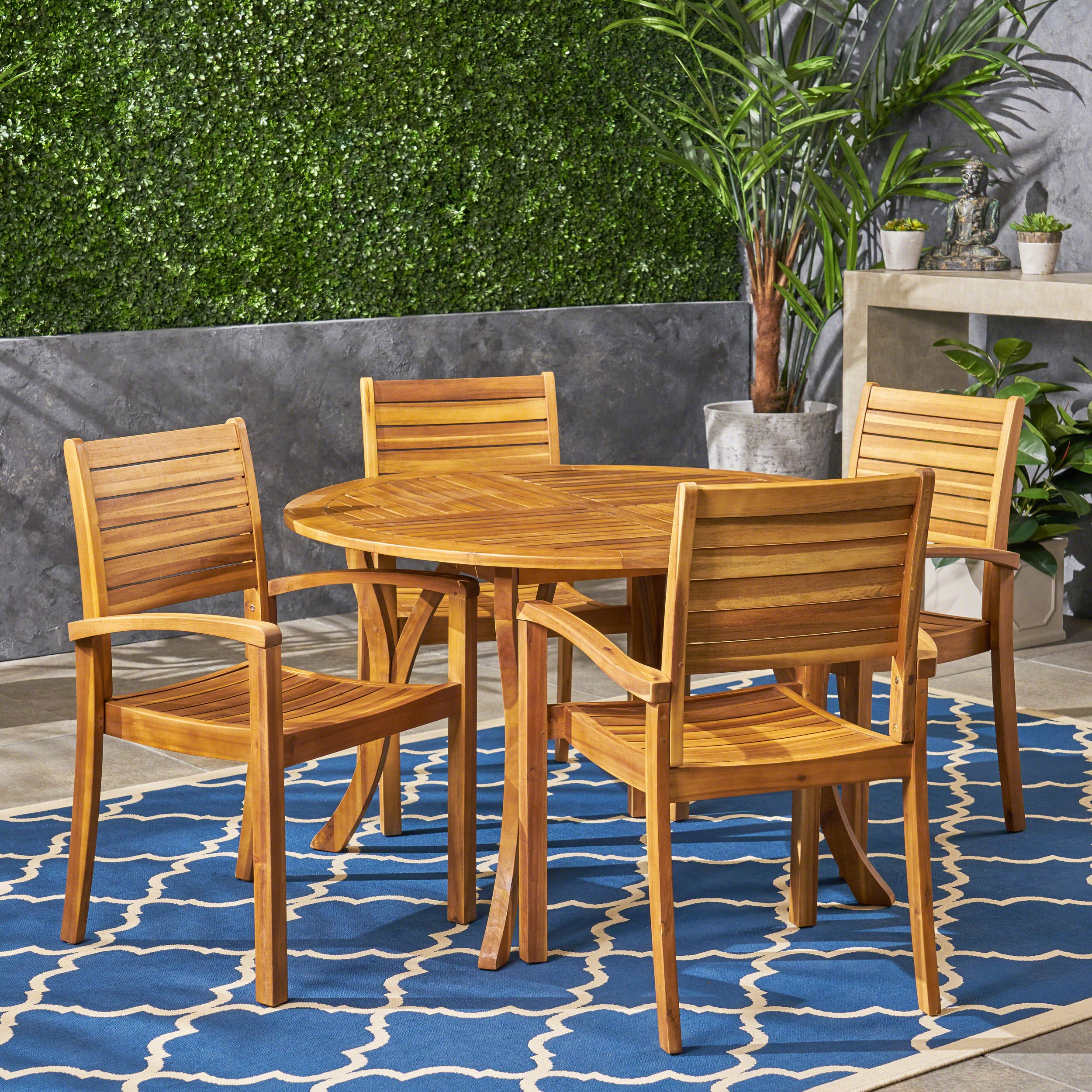 Payne Outdoor Rustic 5 Piece Round Acacia Wood Dining Set with Slats