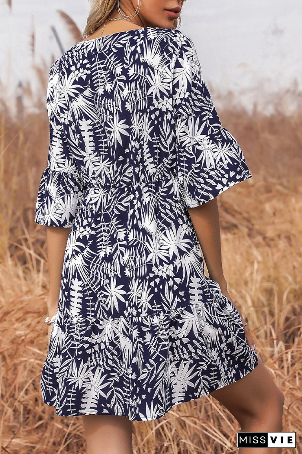 Half Sleeves V Neck Leaf Printing Splicing Dress