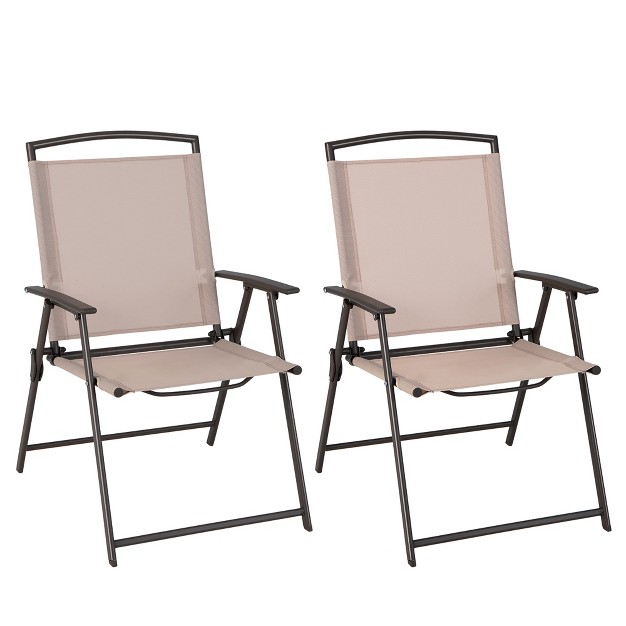 Costway 2 Pcs Patio Folding Sling Dining Chairs Armrests Steel Frame Outdoor Beige grey