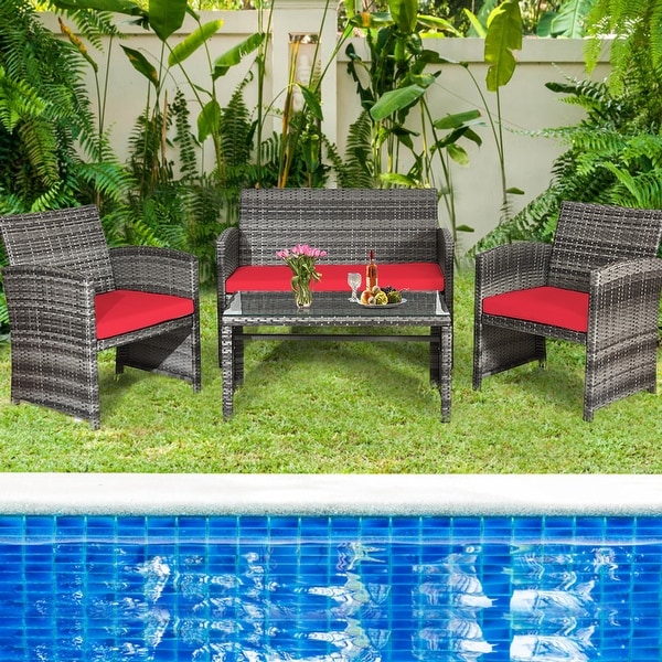 Gymax 8PCS Patio Outdoor Rattan Conversation Furniture Set w/ Red