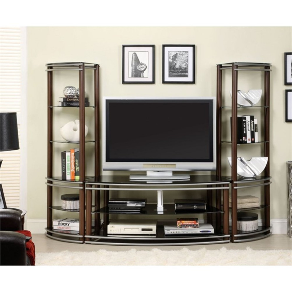 Bowery Hill 3 Piece Entertainment Center in Brown   Transitional   Entertainment Centers And Tv Stands   by Homesquare  Houzz