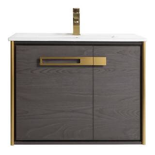 FINE FIXTURES Oakville 30 in. W x 18 in. D x 23.25 in. H Wall Mounted Bathroom Vanity in Black Coal Oak with White Ceramic Sink Top OK30BC-SB-WH