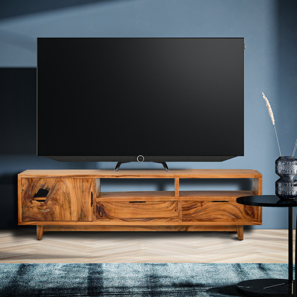 Gerunda Live Edge Suar Wood Media Center With 1 Door and 2 Drawers   Midcentury   Entertainment Centers And Tv Stands   by Chic Teak  Houzz