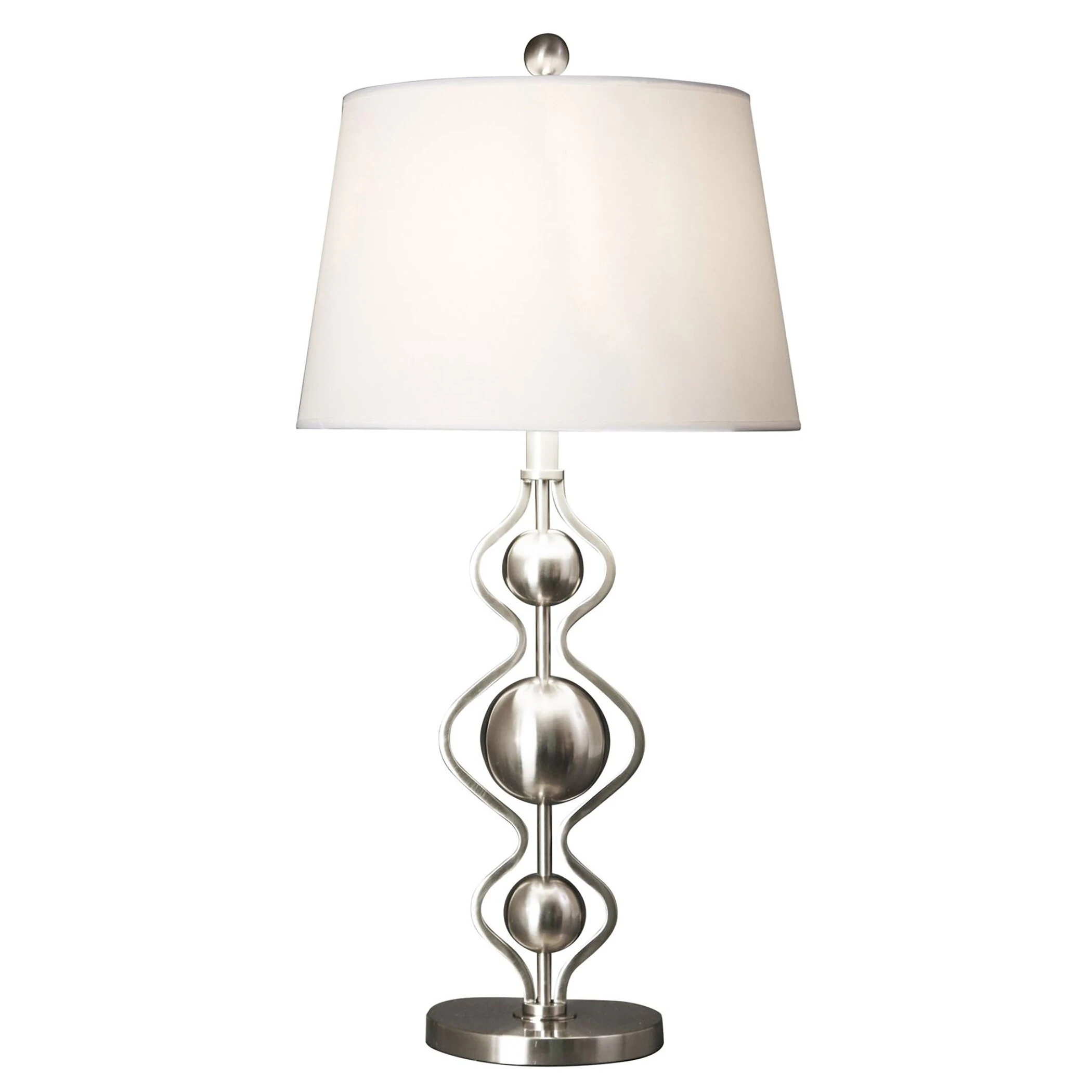 Stella Squiggle and Ball Brushed Steel Table Lamp with White Linen Hardback