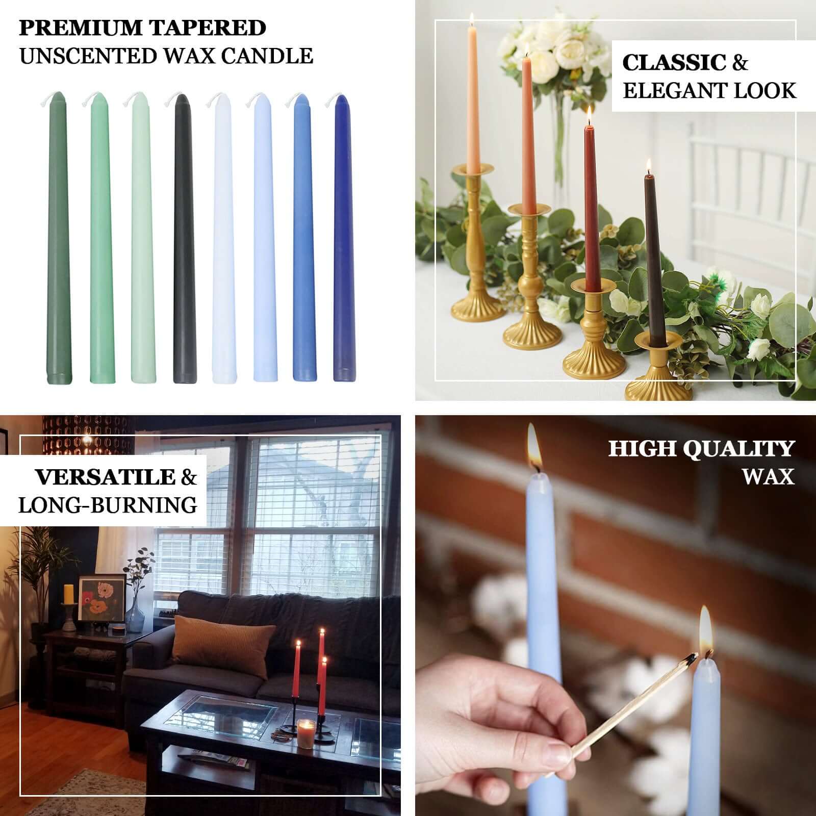 12 Pack Dusty Blue Premium Wax Taper Candles, Unscented Candles 10