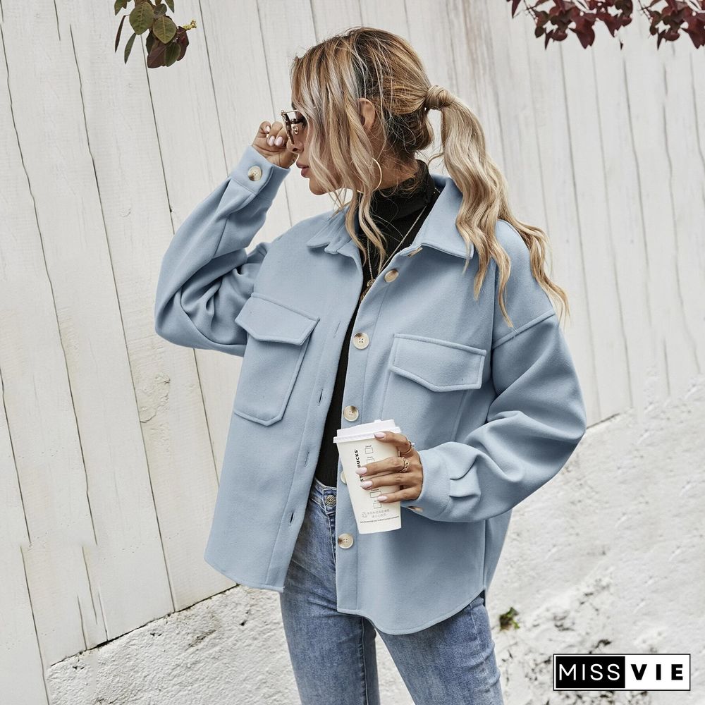 Winter Lapel Women Jacket Single-breasted Thickened Solid Color Shirt Woolen Loose Coat Women Coat