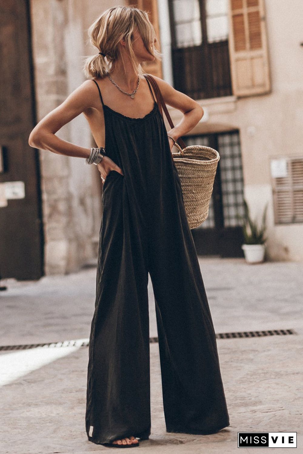 Black Frilled Neckline Backless Wide Leg Jumpsuit