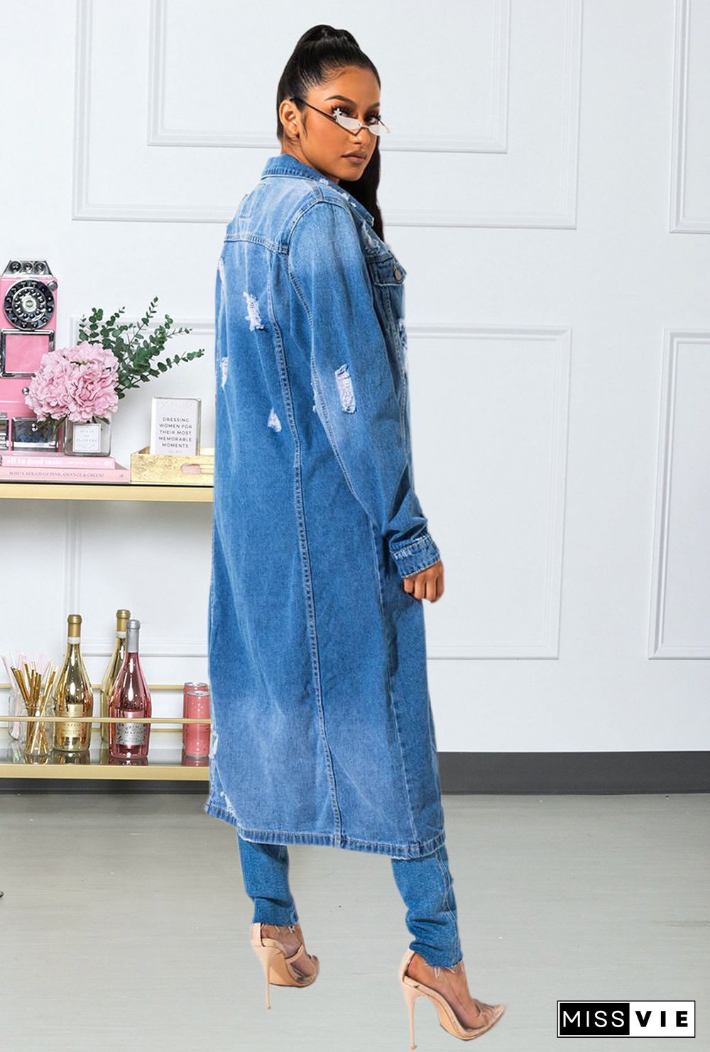 Women Broken Holes Long Denim Cape Coat Dress