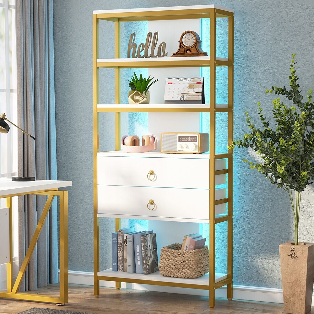 2 Drawers Bookcase Display Rack with Led Light White and Gold   52 x 63