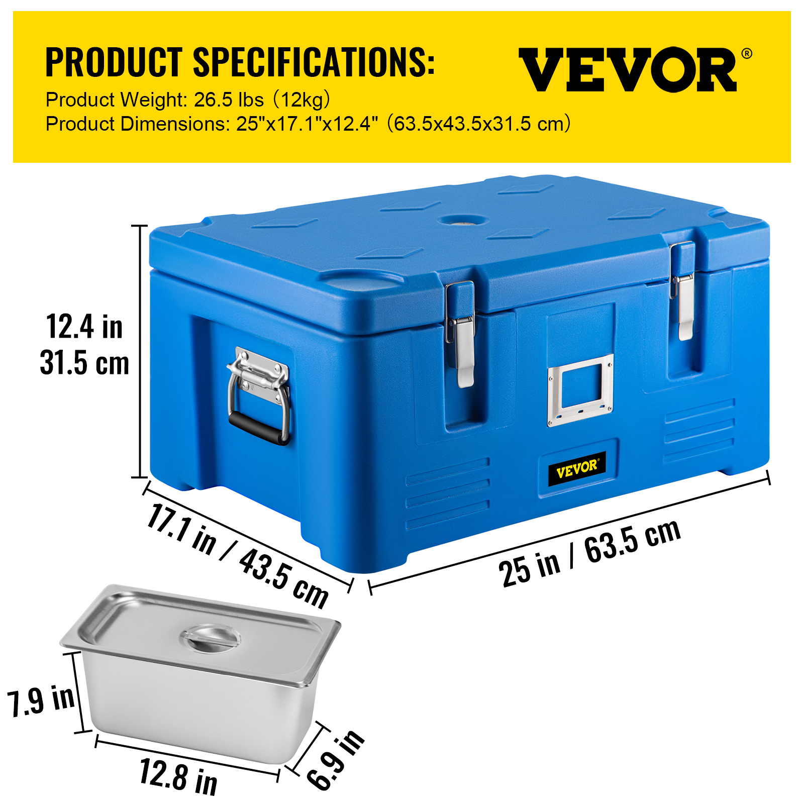 VEVOR Insulated Food Pan Carrier， 36Qt Capacity， Stackable Catering Hot Box with 3 Stainless Steel Pans， Top Load LLDPE Food Warmer with Elastic Side Handles and Buckles， for Restaurant Canteen， Blue