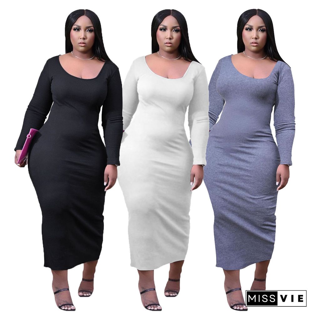 Long Sleeve U Collar Solid Plus Size Maxi Dress