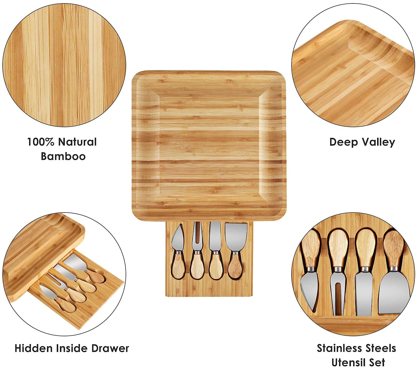 Bamboo Cheese Board Cheese Platter with Utensils Set and 4 Stainless Steel Cutting Knives Cracker and Meat Serving Tray for Display， Decorations， and Cheese Lovers