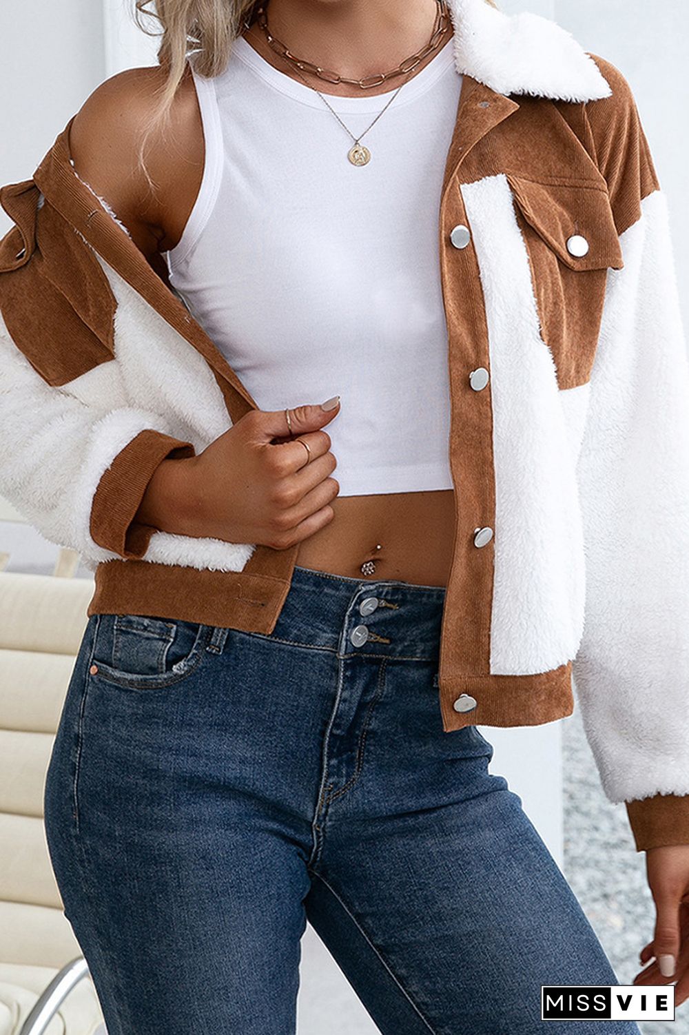 Brown Corduroy Splicing White Fleece Crop Jackets